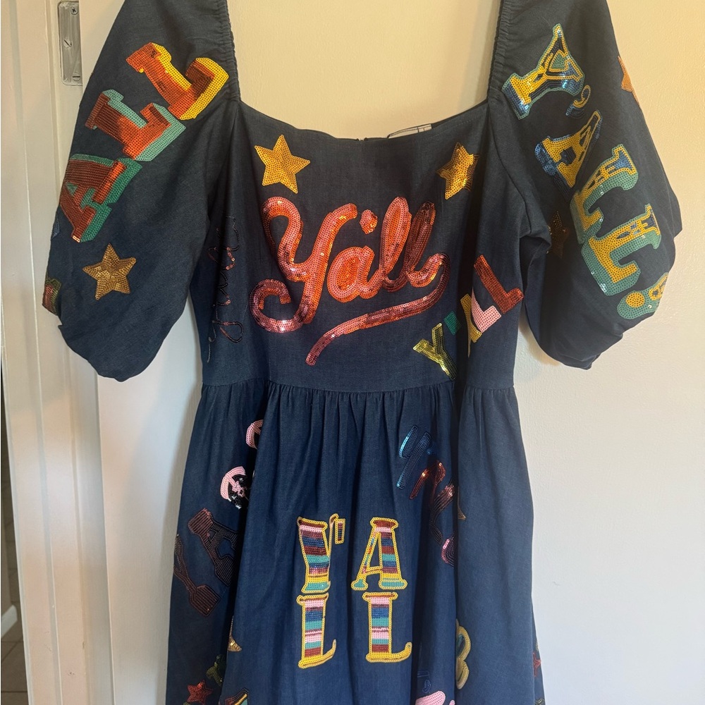 QUEEN OF SPARKLES Denim Dress with Colorful Lettering
